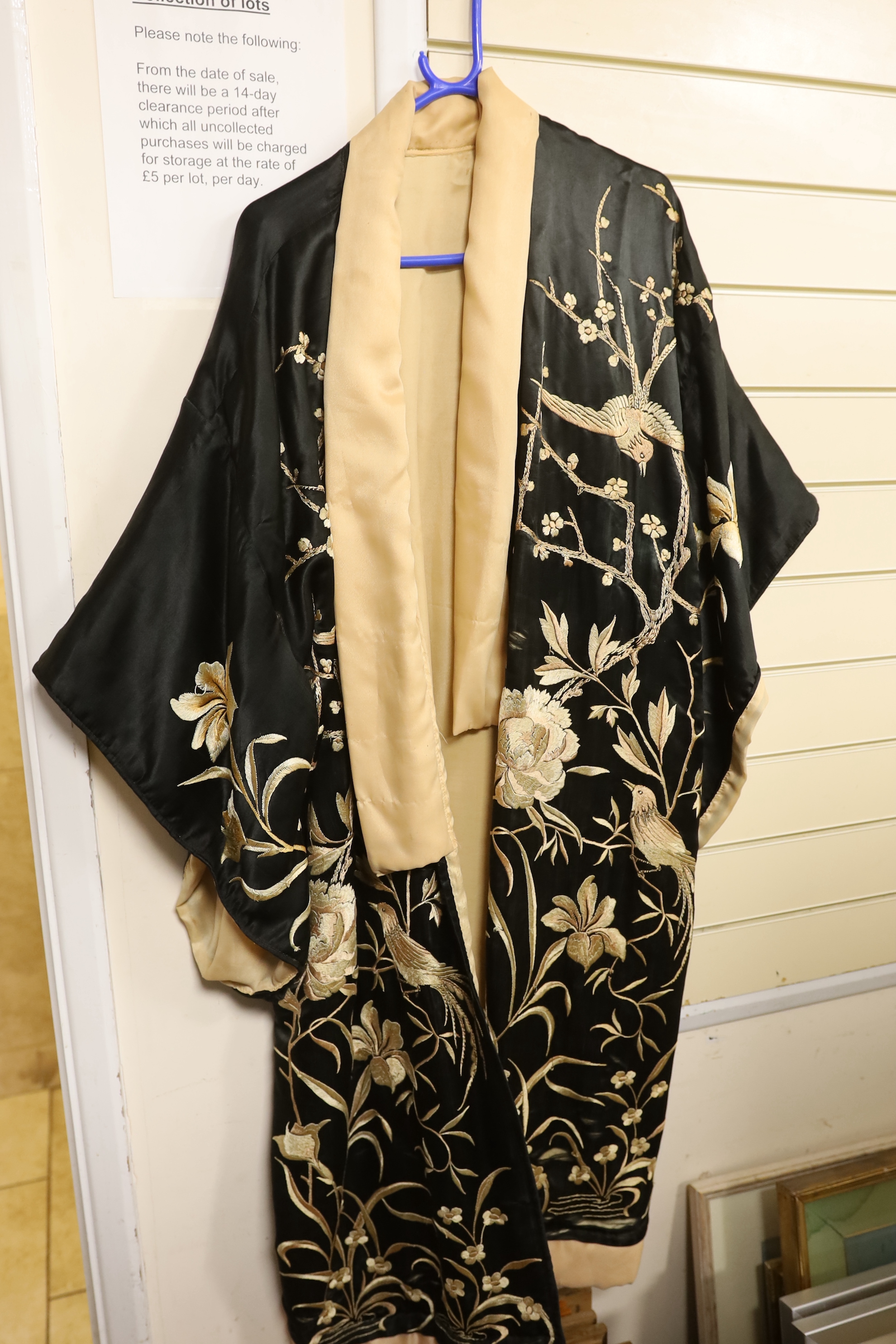 A silk embroidered kimono, a Chinese embroidered jacket and a Japanese embroidered jacket